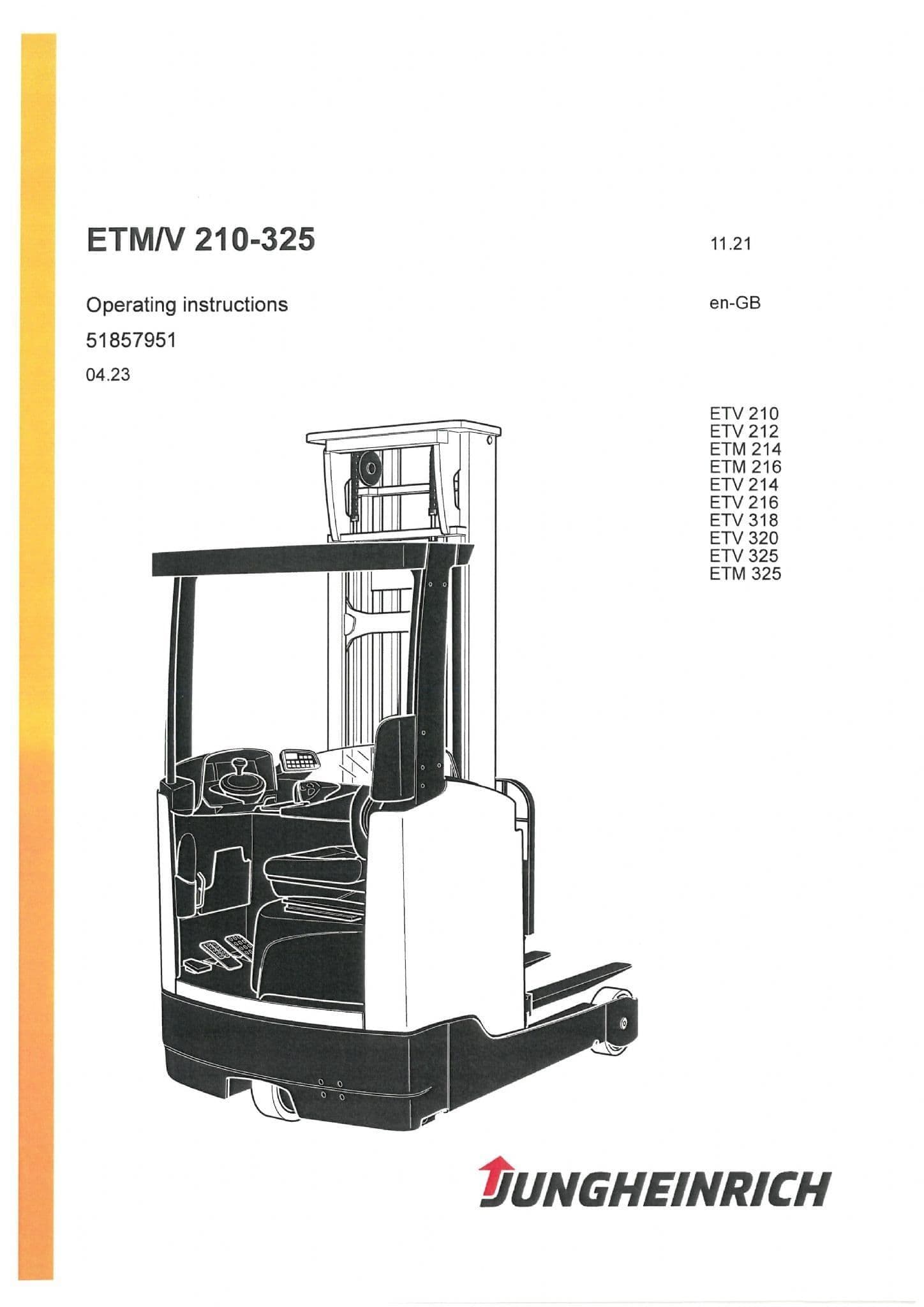 Jungheinrich Fork Lift Truck ETV 210 212 214 216 218 210 214 ETM 214 216 325 Operators Manual