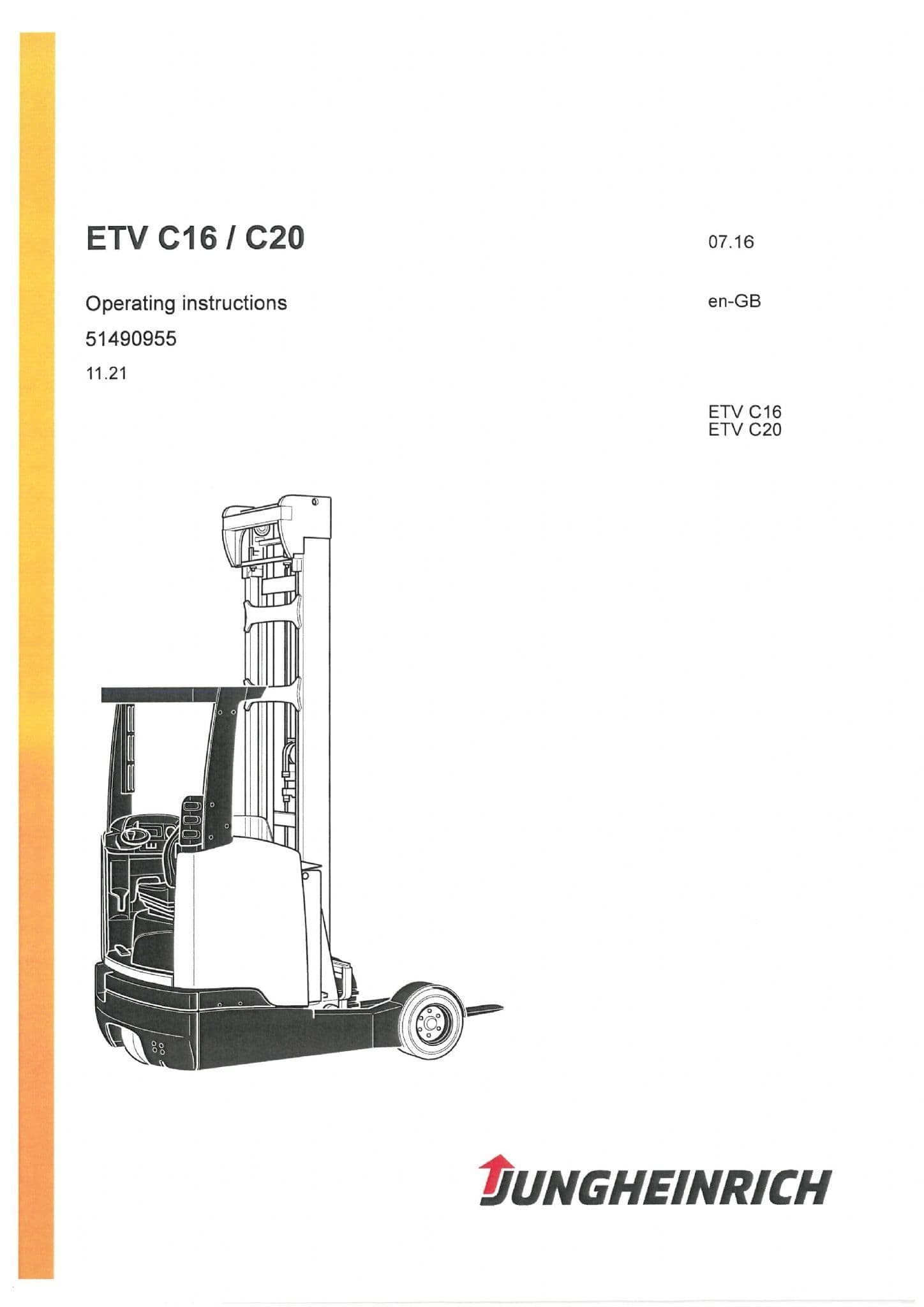 Jungheinrich Fork Lift Truck ETV C16 C20 Operators Manual