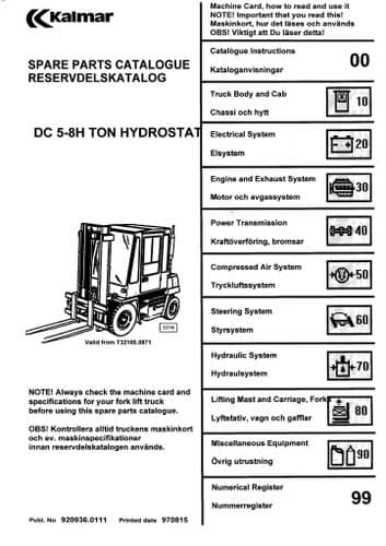 Kalmar Forklift Truck DC5-8H Parts Manual