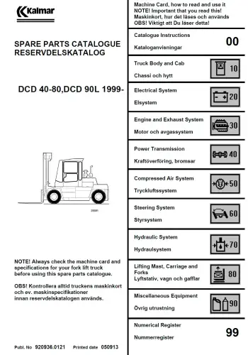 Kalmar Forklift Truck DCD 40-80 DCD 90L 1999 Parts Manual
