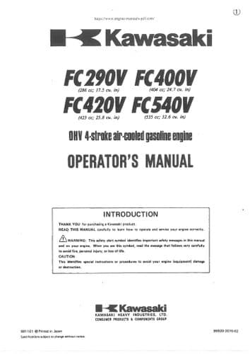 Kawasaki Air Cooled Gas Engine FC290V FC400V FC420V FC540V Operators Manual