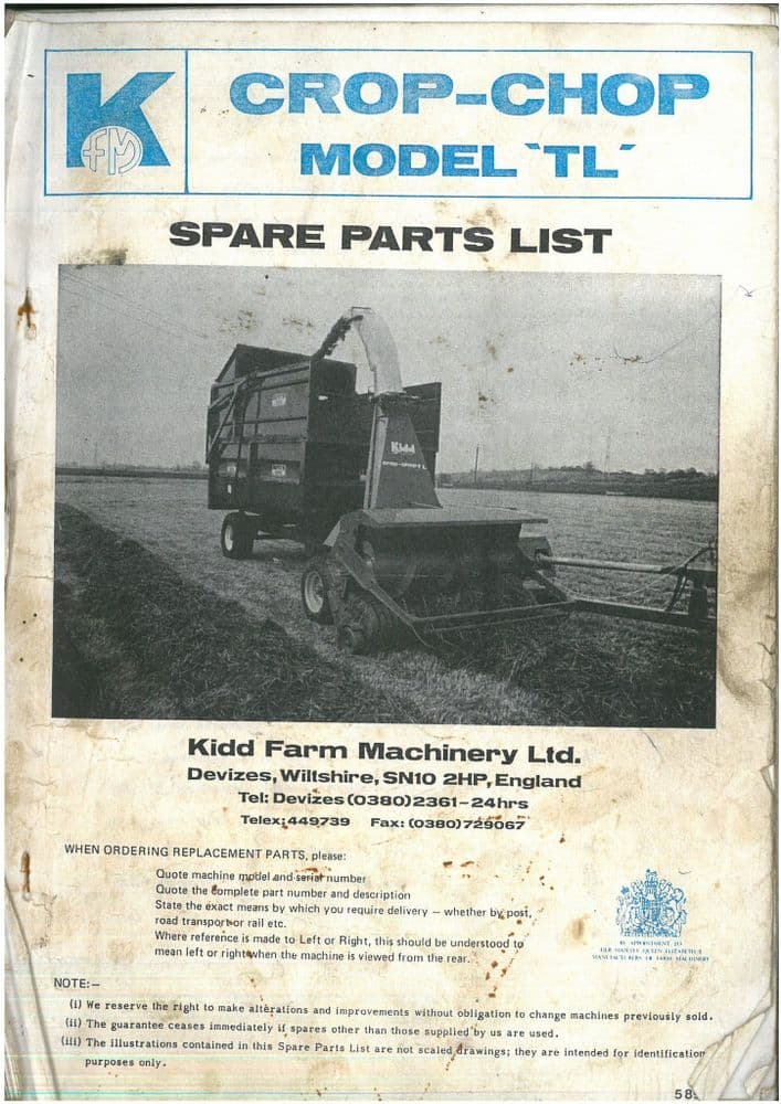 Kidd Crop- Chop Forage Harvester Model TL Parts Manual