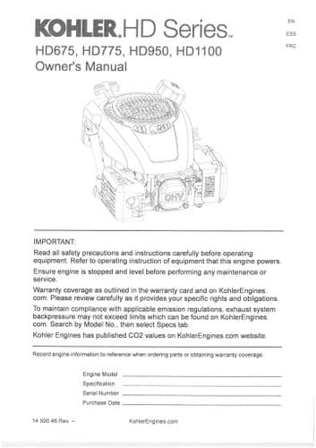 Kohler Engine HD675 HD775 HD950 HD110 Operators Manual