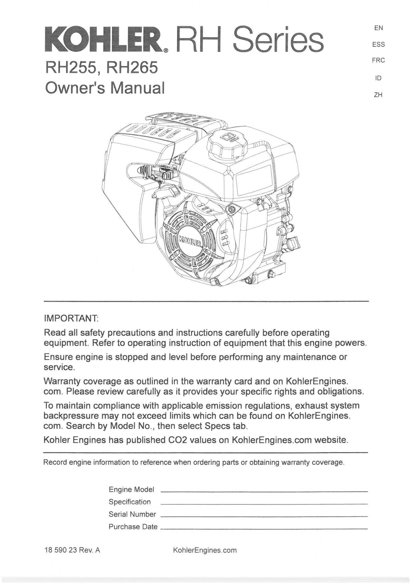 Kohler Engine RH255 RH265 Operators Manual