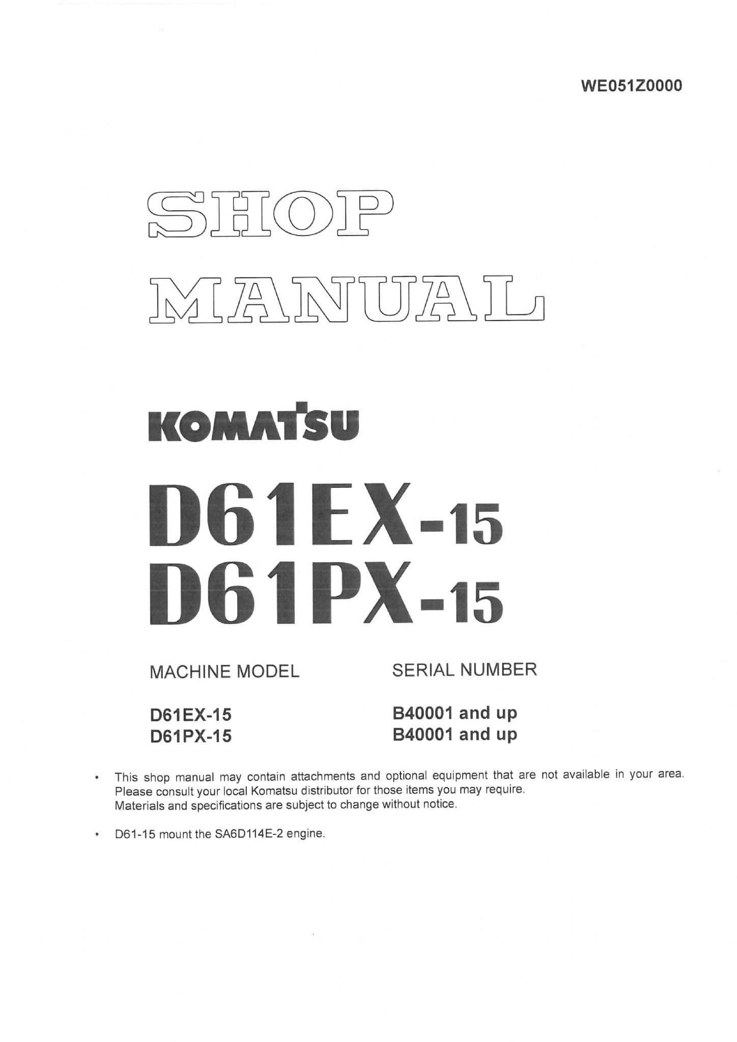 Komatsu Bulldozer D61EX-15 & D61PX-15 Workshop Service Repair Manual