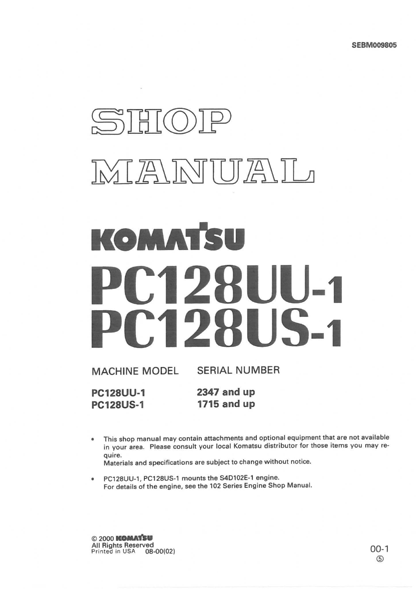 Komatsu Excavator PC128UU-1 PC128US-1 Workshop Service Manual