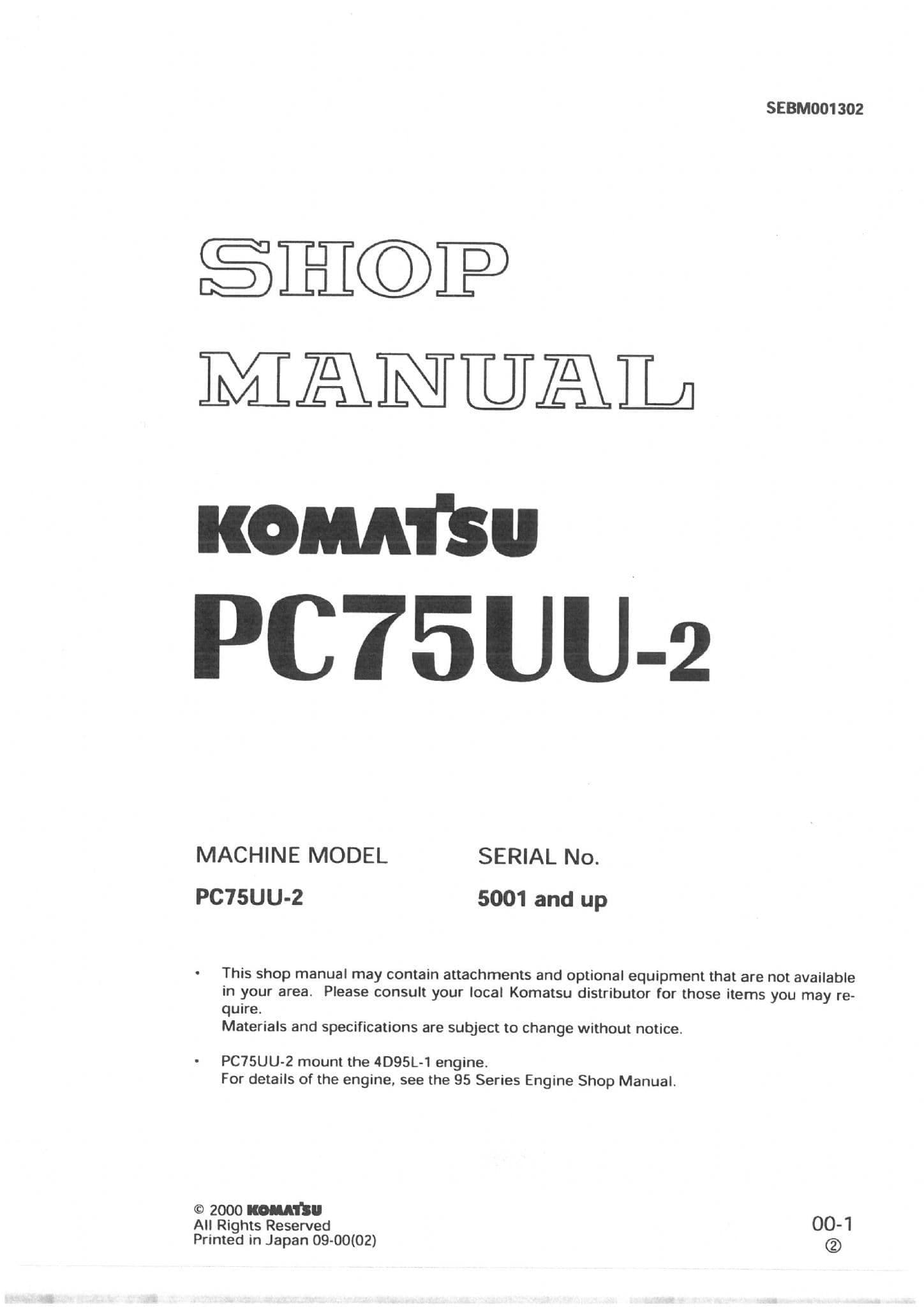 Komatsu Excavator PC75UU-2  Workshop Service Repair Manual