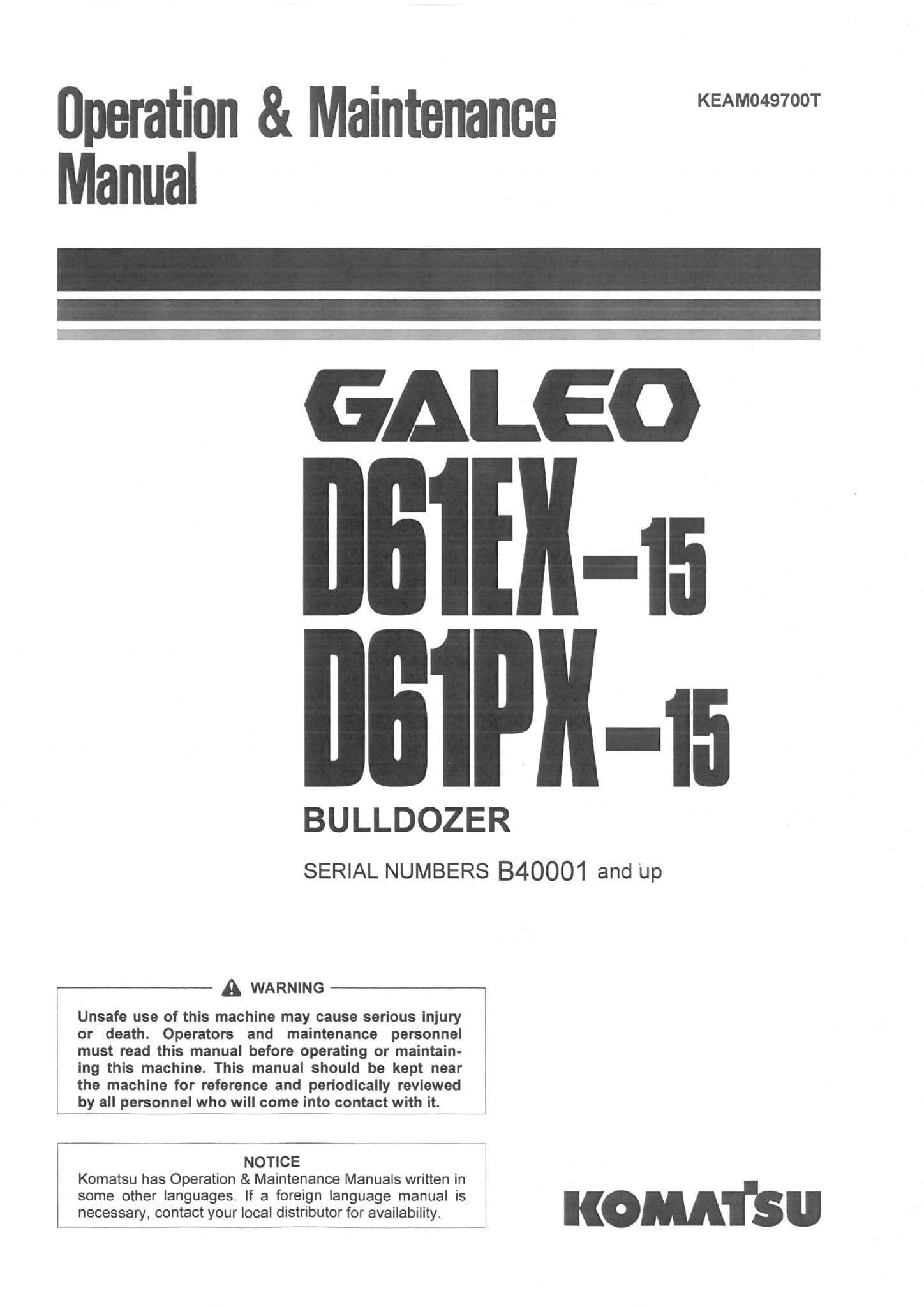 Komatsu Gaco Bulldozer D61EX-15 & D61PX-15 Operators Manual