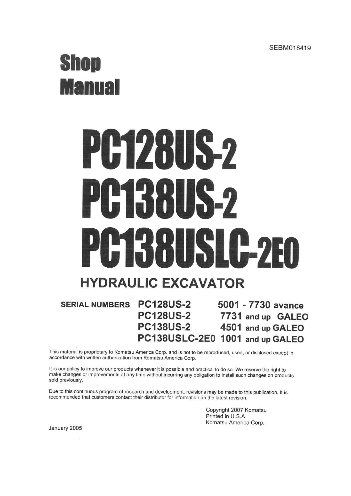 Komatsu Hydraulic Excavator PC128US-2 PC138US-2 PC138USLC-2E0 Workshop Repair Manual