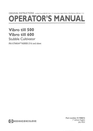 Kongskilde Stubble Cultivator VibroTill 500 600 Operators Manual
