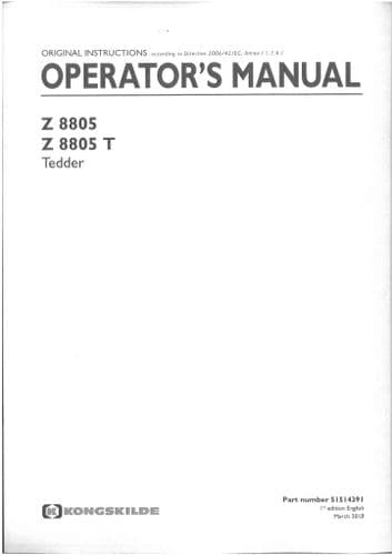 Kongskilde Tedder Z8805 & Z8805 T Operators Manual Z 8805