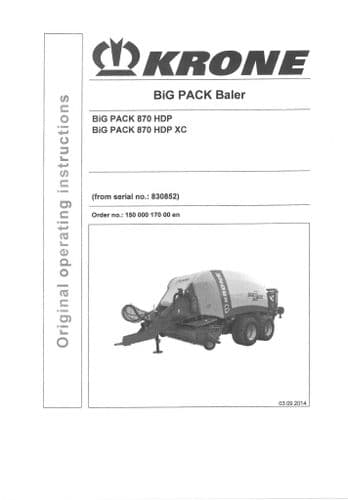 Krone Baler Big Pack 870HDP 870HDPXC Operators Manual 870 HDP XC