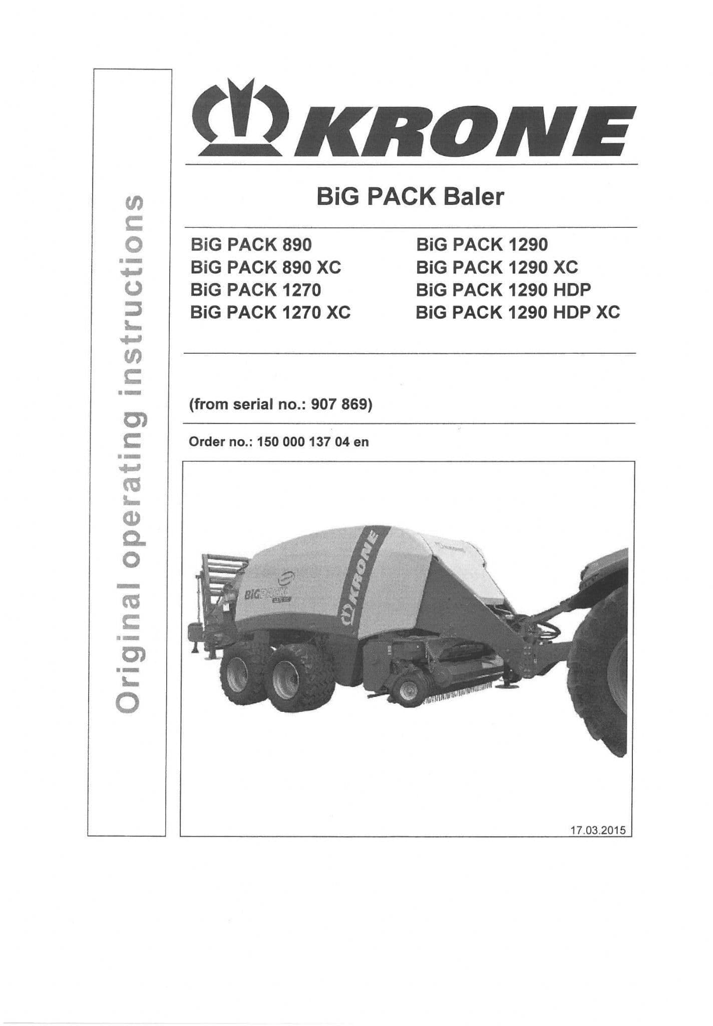 Krone Baler Big Pack  890 890XC 1270 1270XC 1290 1290XC 1290HDP 1290HDPXC Operators Manual 1290 XC