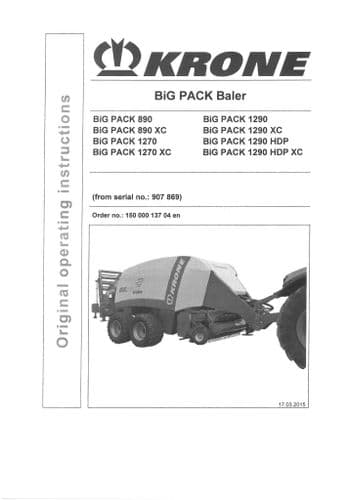 Krone Baler Big Pack  890 890XC 1270 1270XC 1290 1290XC 1290HDP 1290HDPXC Operators Manual 1290 XC