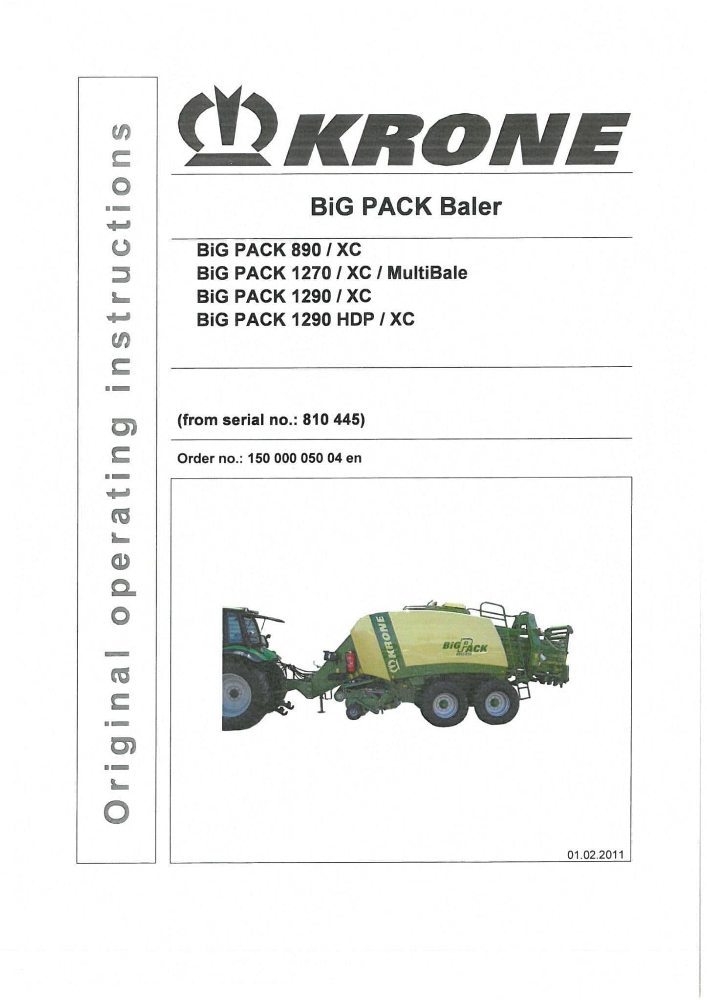 Krone Baler Big Pack  890 890XC 1270 1270XC 1290 1290XC 1290HDP 1290HDPXC Operators Manual 2011