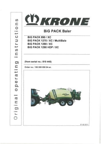 Krone Baler Big Pack 890 890XC 1270 1270XC 1290 1290XC 1290HDP 1290HDPXC Operators Manual 2011