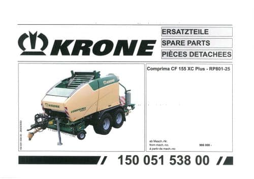 Krone Comprima  Round Baler CF155XC  Plus Parts Manual - 155