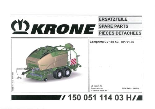 Krone Comprima  Round Baler CV150XC Parts Manual - 150