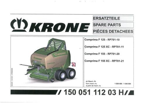 Krone Comprima  Round Baler F125 F155 F125XC F155XC Parts Manual - 125 155