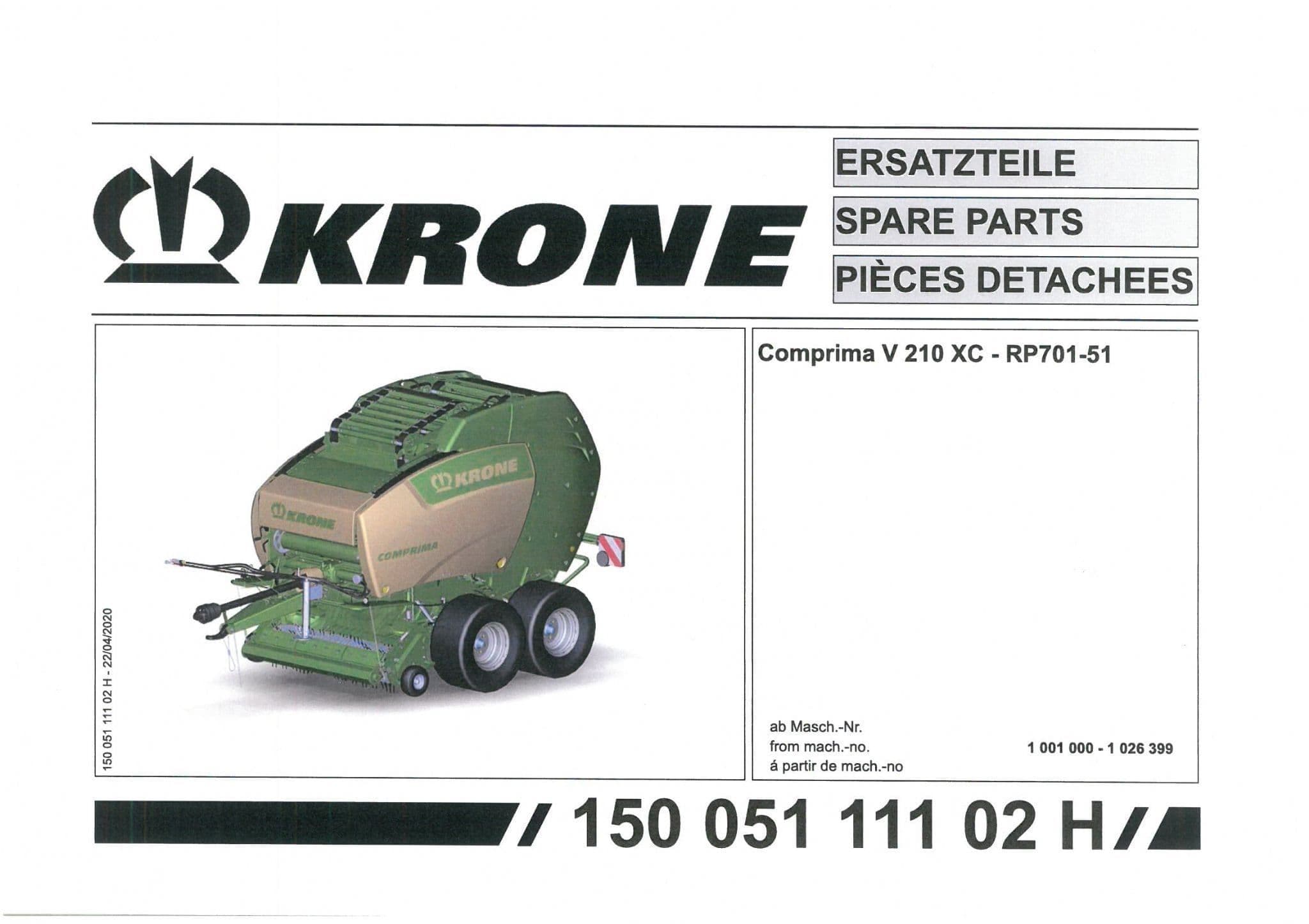 Krone Comprima  Round Baler V 210 XC - Parts Manual
