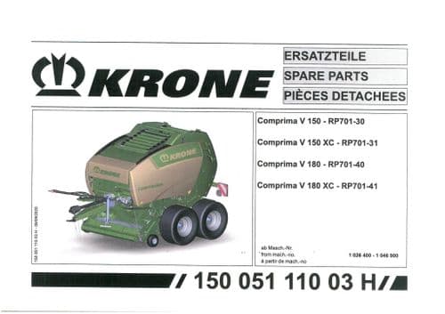 Krone Comprima  Round Baler V150 V180 V150XC V180XC - Parts Manual - 150 180