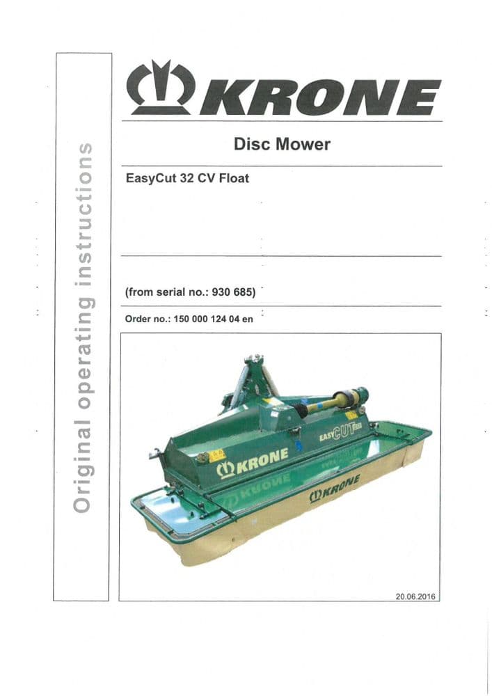 Krone Disc Mower Easycut 32CV Float Operators Manual 32 CV