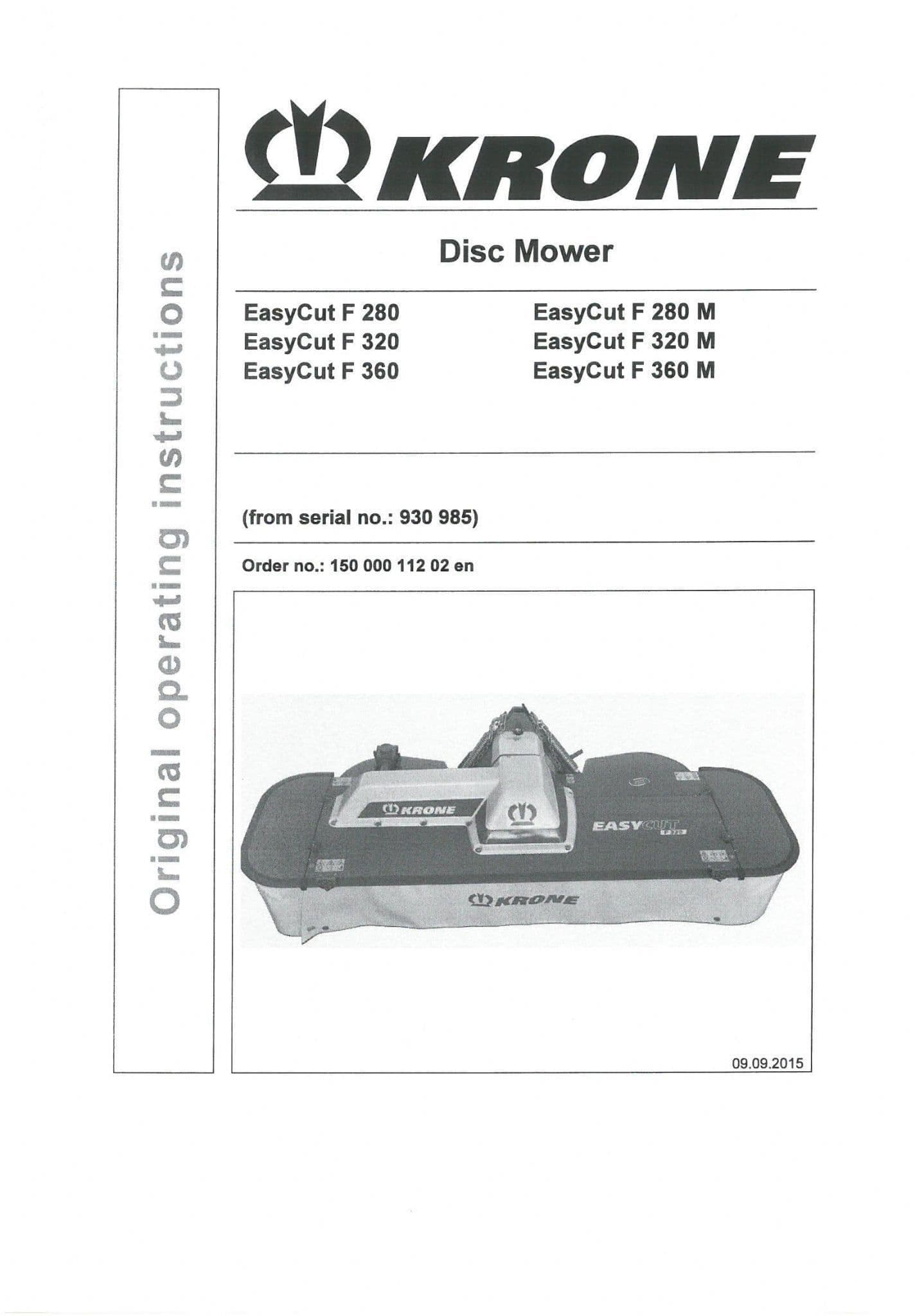 Krone Disc Mower Easycut F280 F280M F320 F320M F360 F360M Operators Manual  F 280 320 360 M