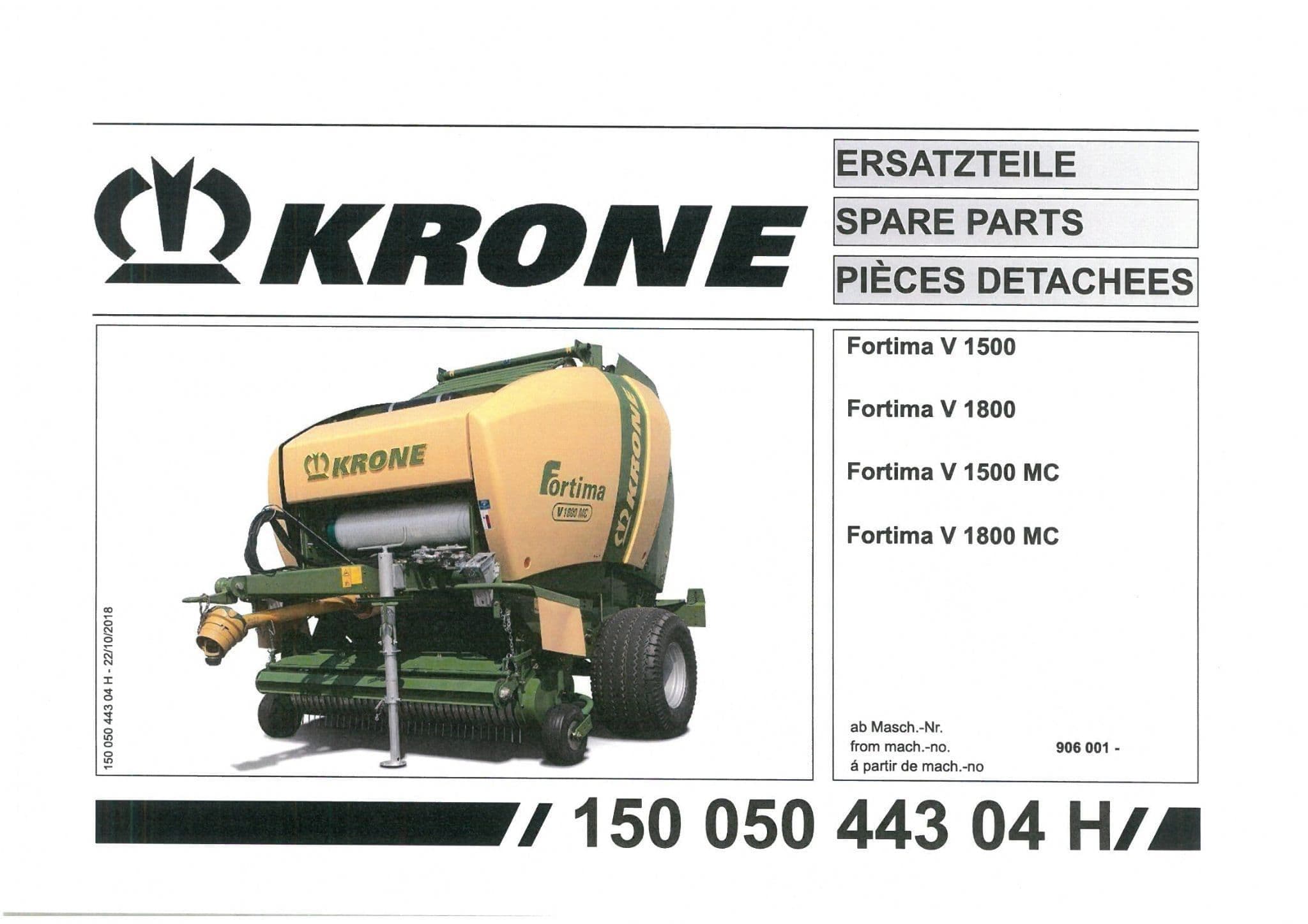 Krone Fortima  Round Baler V1500 V1800 V1500MC V1800MC - Parts Manual - 1500 1800