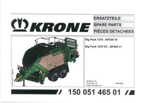 Krone Large Square Bale Big Pack 1270 Big Pack 1270 VC -  Parts Manual
