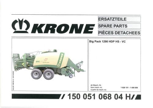 Krone Large Square Bale Big Pack 1290 HDP HS - VC -  Parts Manual