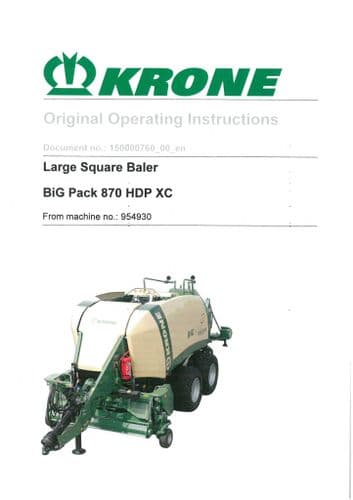 Krone Large Square Baler BiG Pack 870HDPXC Operators Manual 870 HDP XC