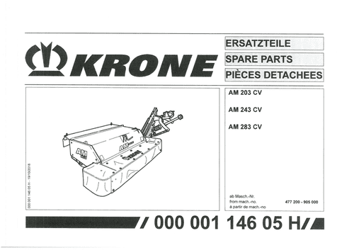 Krone Mower AM203CV AN243CV AM283CV  Parts Manual