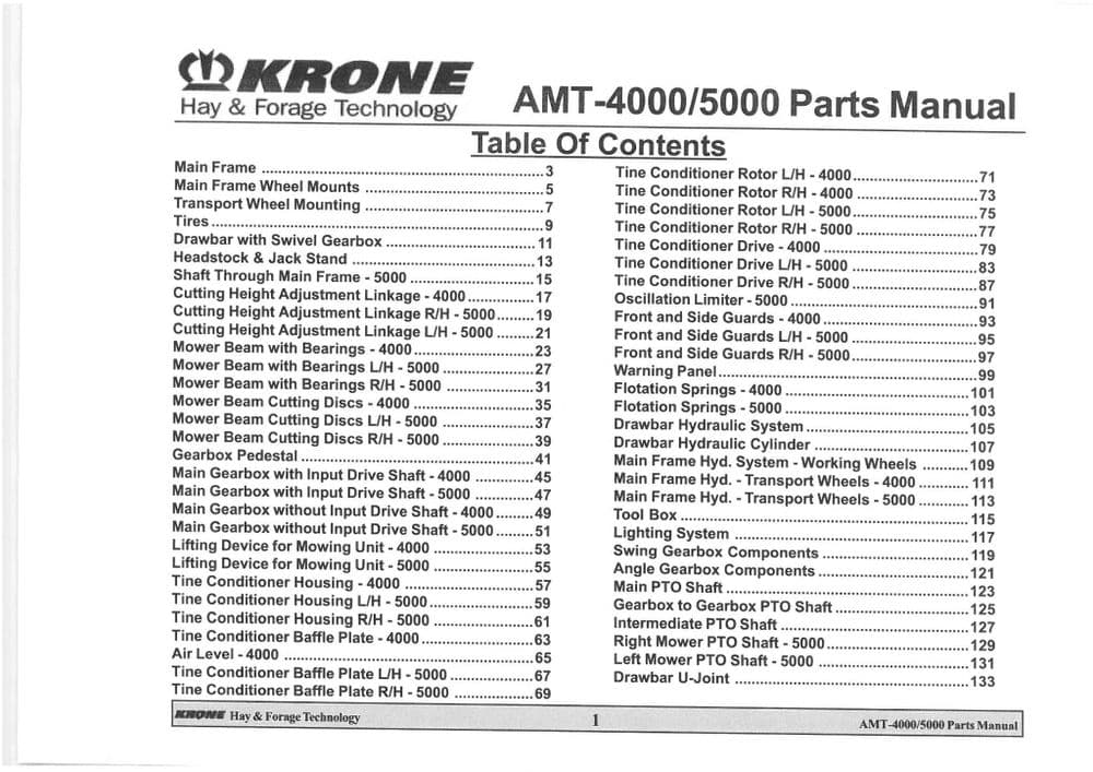 Krone Mower AMT 4000 5000 Parts Manual
