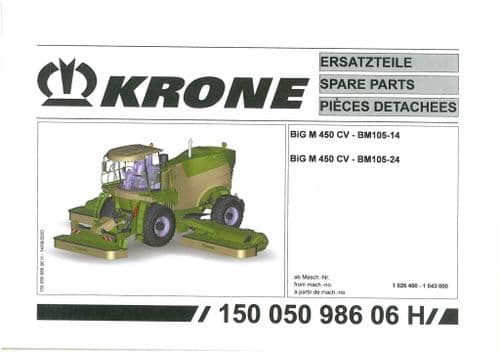 Krone Mower Conditioner Big M 450 CV - BM105-14 BM105-24 Parts Manual