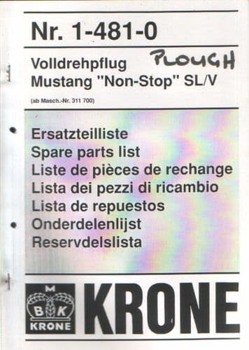 Krone Mustang 'Non Stop' SL/V Plough Parts Manual