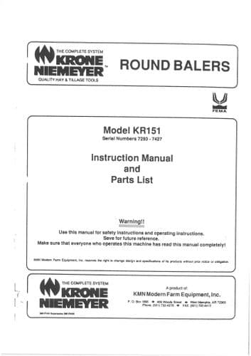 Krone Niemeyer Baler KR151 Operators Manual And Parts List - KR 151