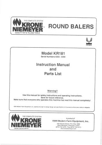 Krone Niemeyer Baler KR181 Operators Manual And Parts List - KR 181