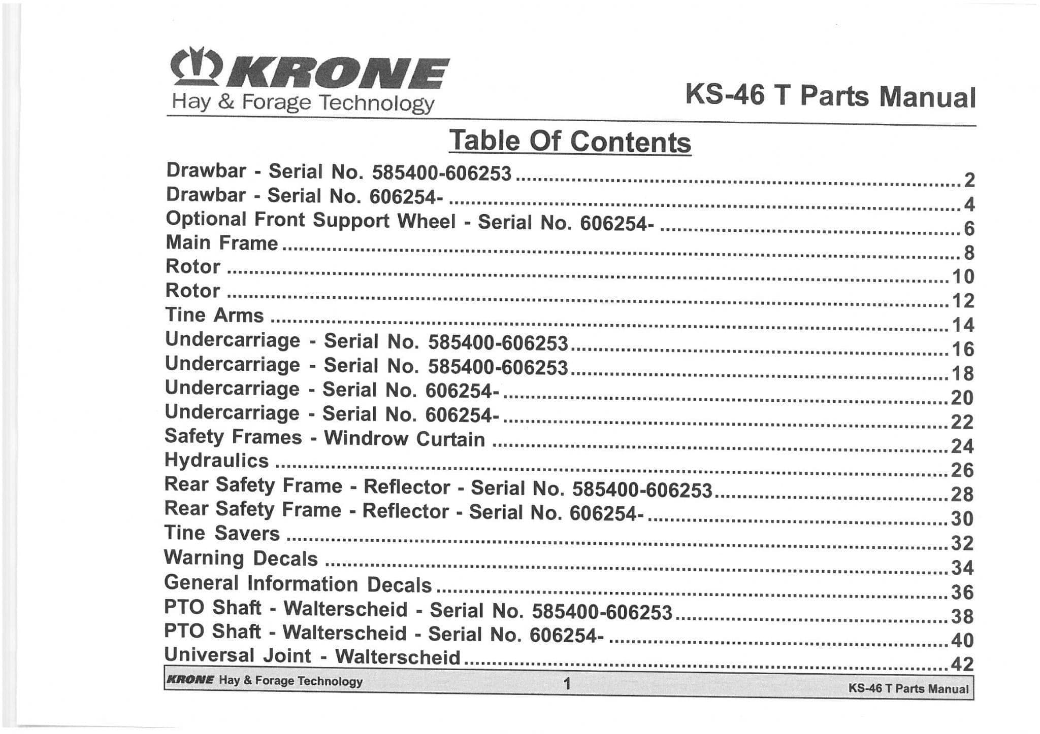 Krone Rotary Rake Tedder KS-46T Parts Manual