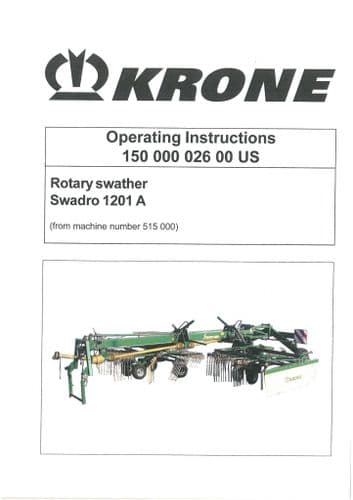 Krone Rotary Swather Rake Swadro 1201A Operators Manual