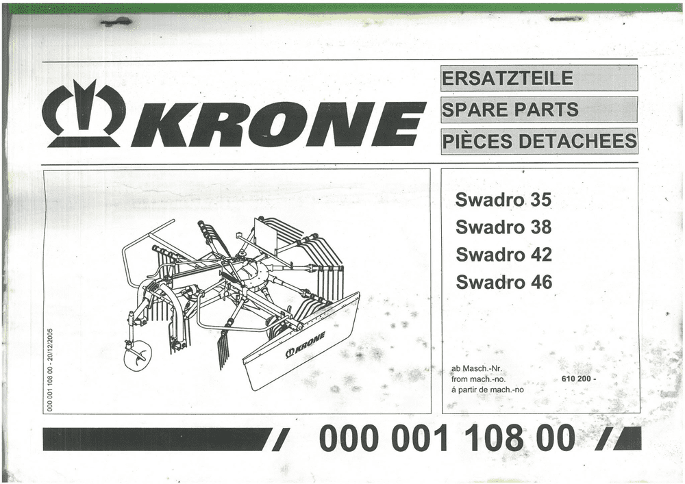 Krone Rotary Swather Rake Swadro 35 38 42 46 Parts Manual