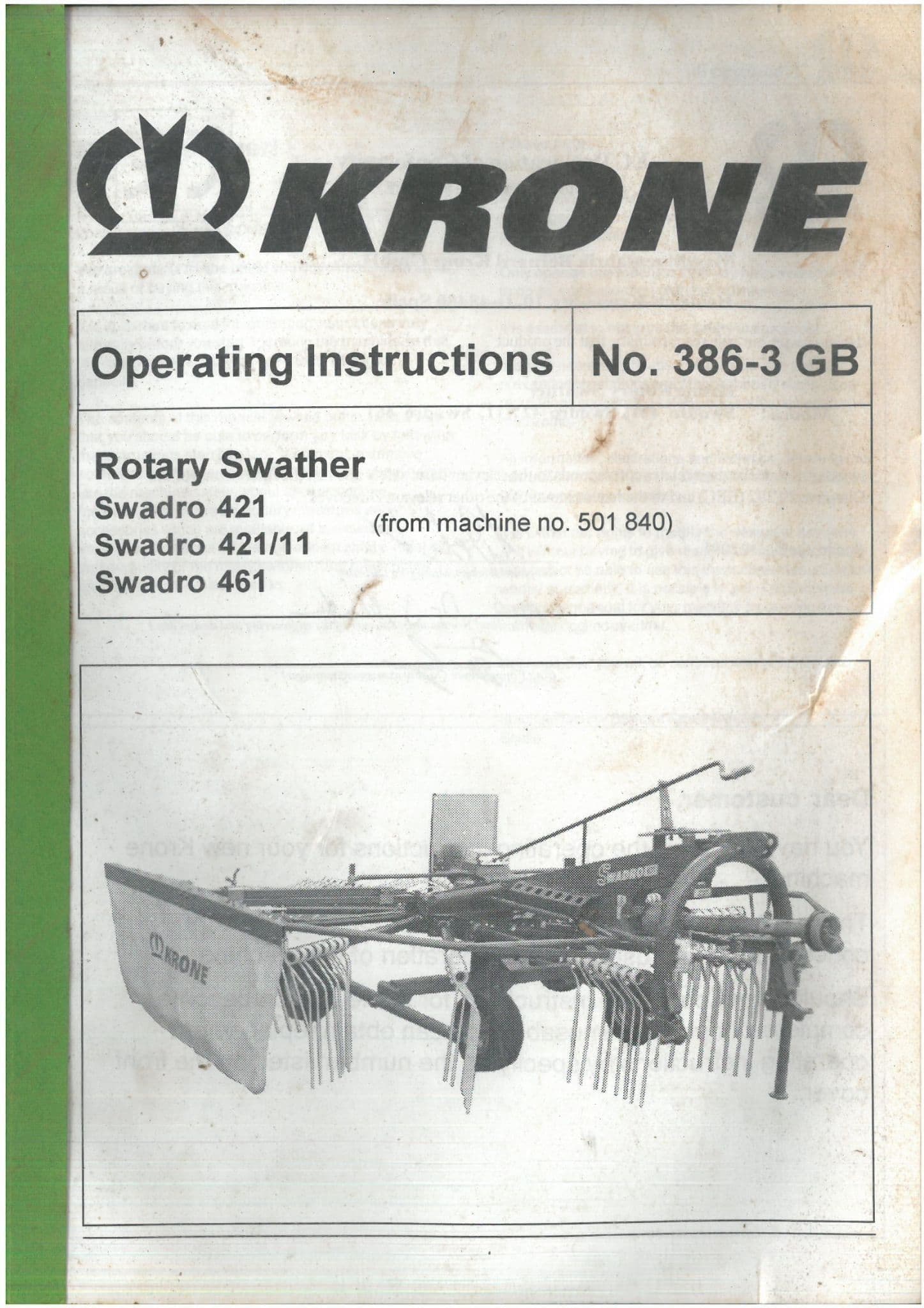 Krone Rotary Swather Rake Swadro 421 421/11 461 Operators Manual