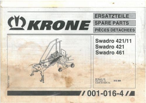 Krone Rotary Swather Rake Swadro 421, 421/11, 461 Parts Manual