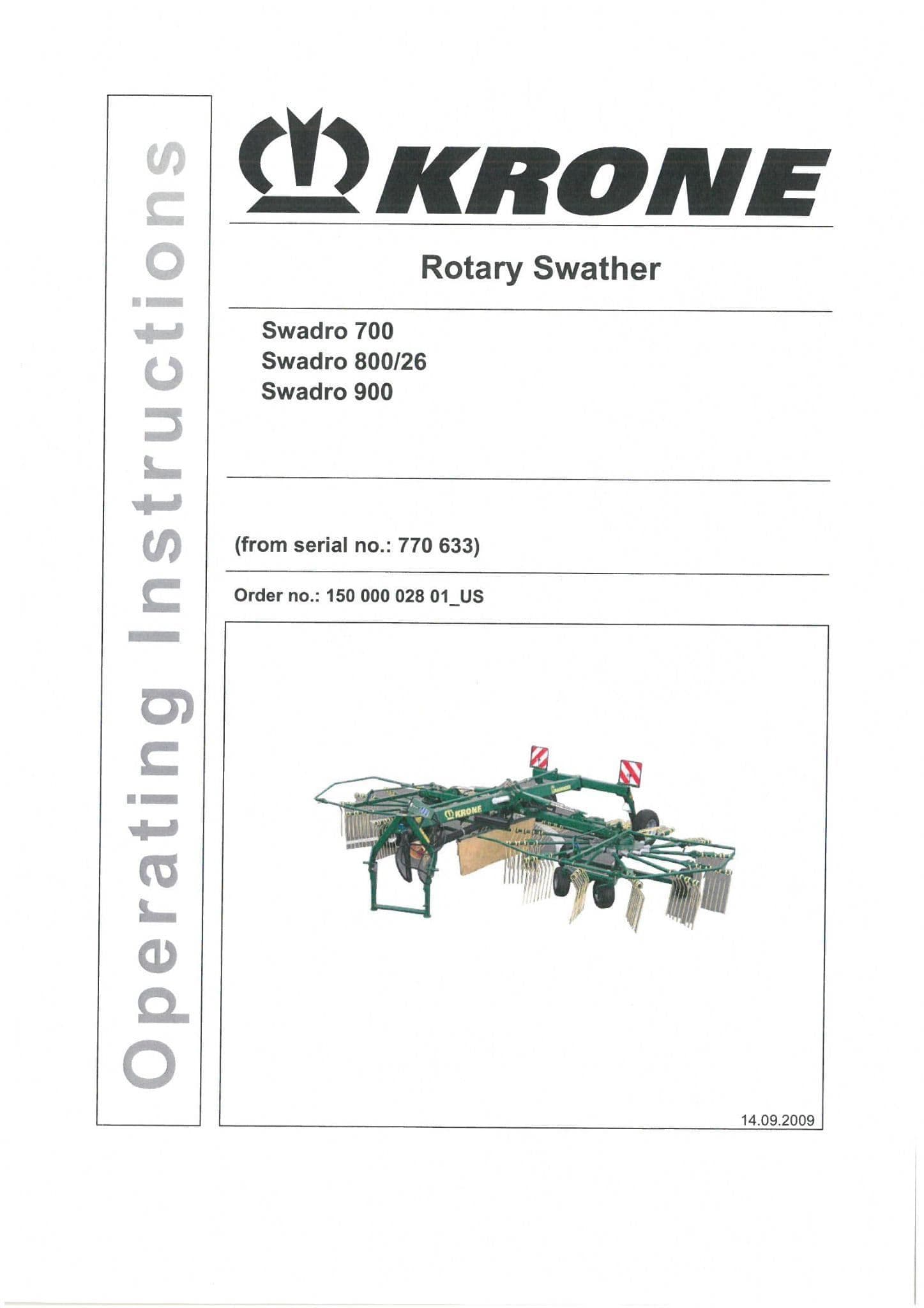 Krone Rotary Swather Rake Swadro 700 800/26 & 900 Operators Manual
