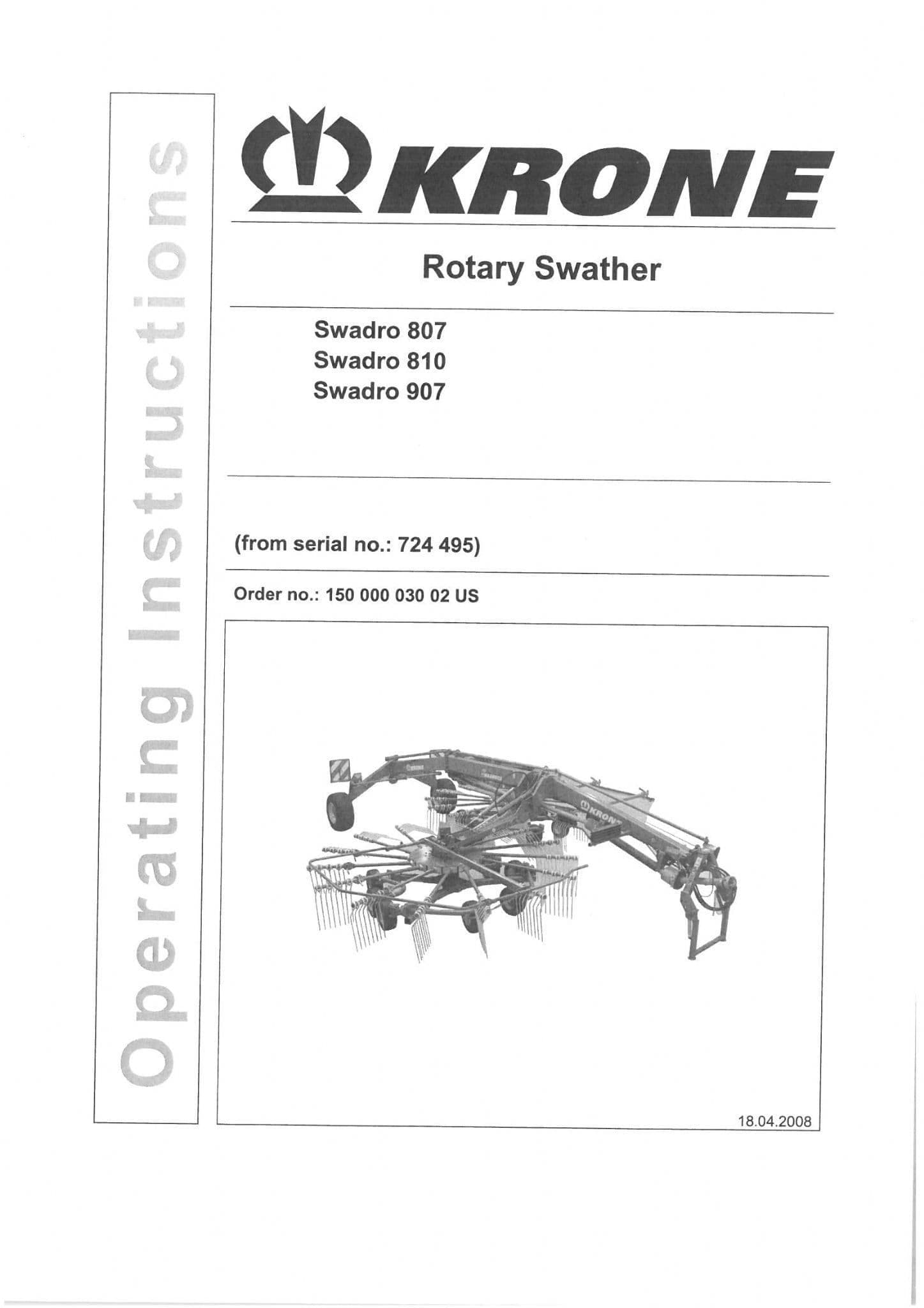 Krone Rotary Swather Rake Swadro 807, 810 & 907 Operators Manual