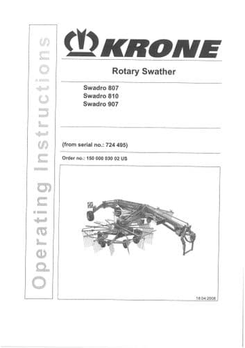 Krone Rotary Swather Rake Swadro 807, 810 & 907 Operators Manual