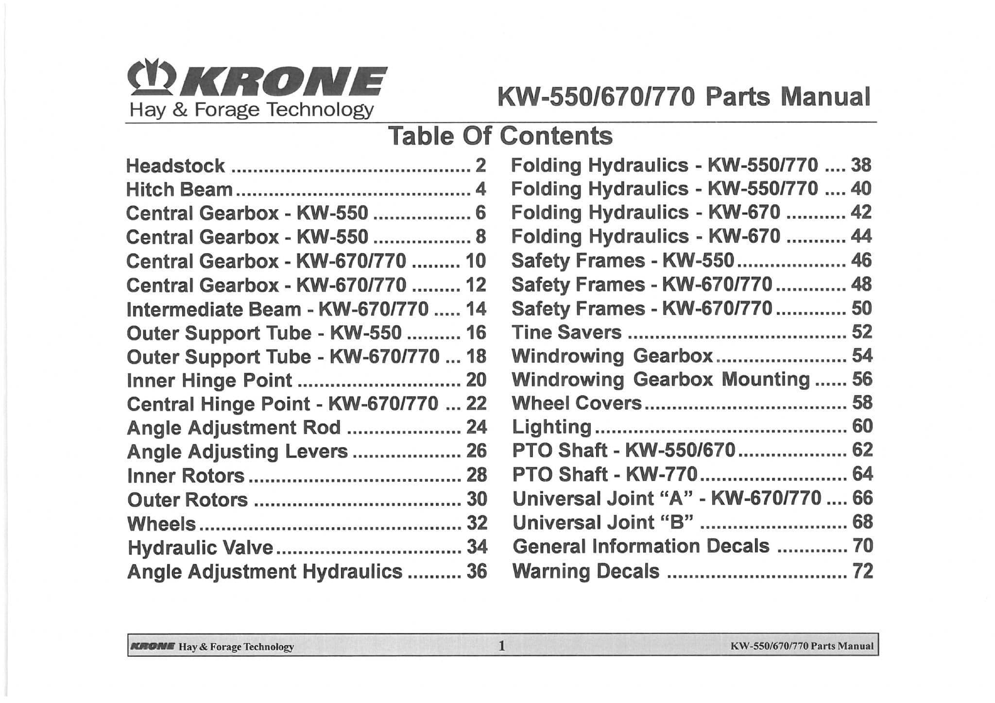 Krone Rotary Tedder KW550 KW670 KW770 Parts Manual