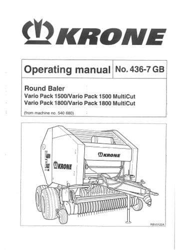 Krone Round Bale Vario Pack 1500 1800 & 1500 MultiCut 1800 MultiCut Operators Manual