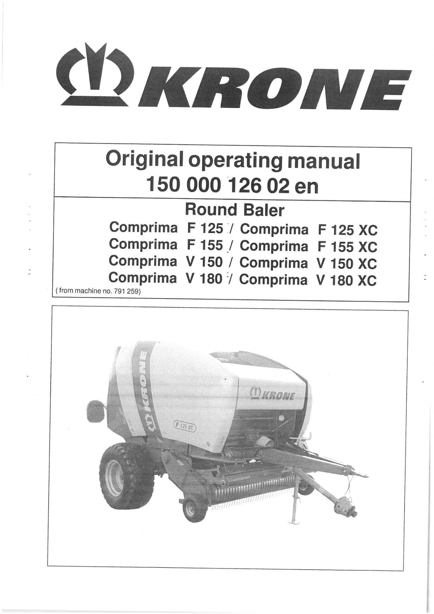 Krone Round Baler Comprima F125 F155 V150 V180 F125XC F155XC V150XC V180XC Operators Manual