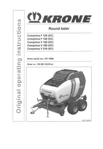 Krone Round Baler Comprima F125  F155 V150 V180 V210 XC Operators Manual F 125 155 V 150 180 210