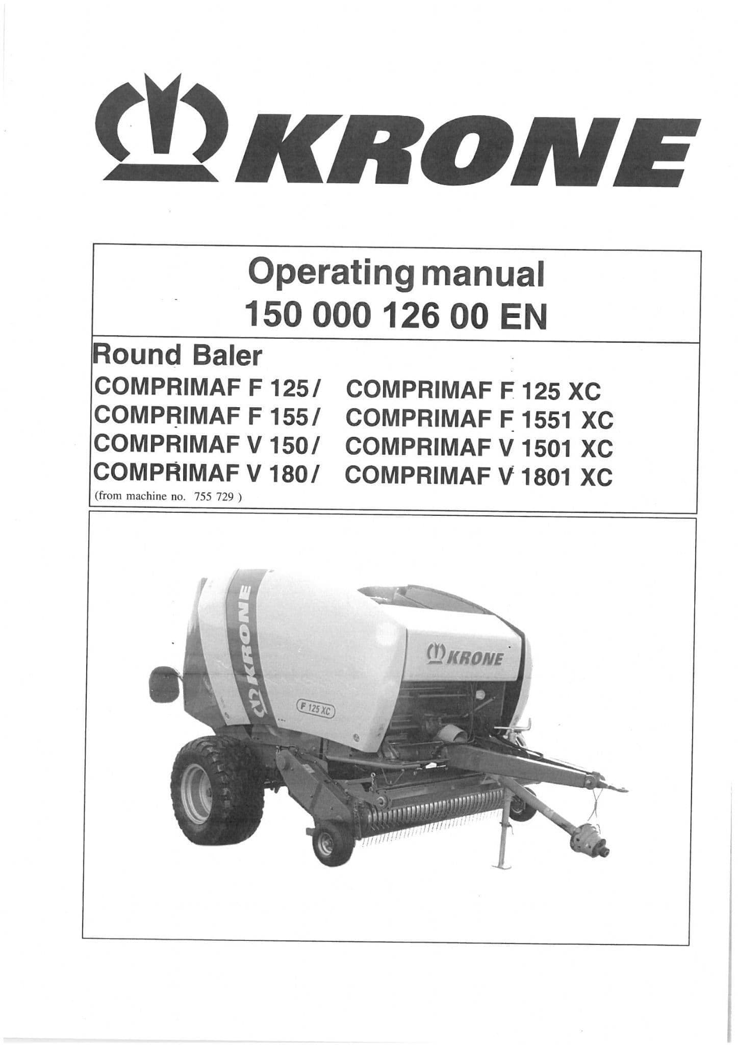 Krone Round Baler Comprima F125XC F1551XC V1501XC V1801XC Operators Manual F 125 1551 1501 1801 XC